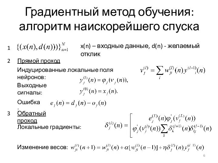 Градиентный метод обучения: алгоритм наискорейшего спуска x(n) – входные данные,