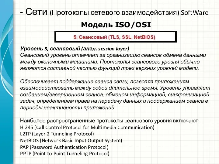 - Сети (Протоколы сетевого взаимодействия) SoftWare Модель ISO/OSI Уровень 5,