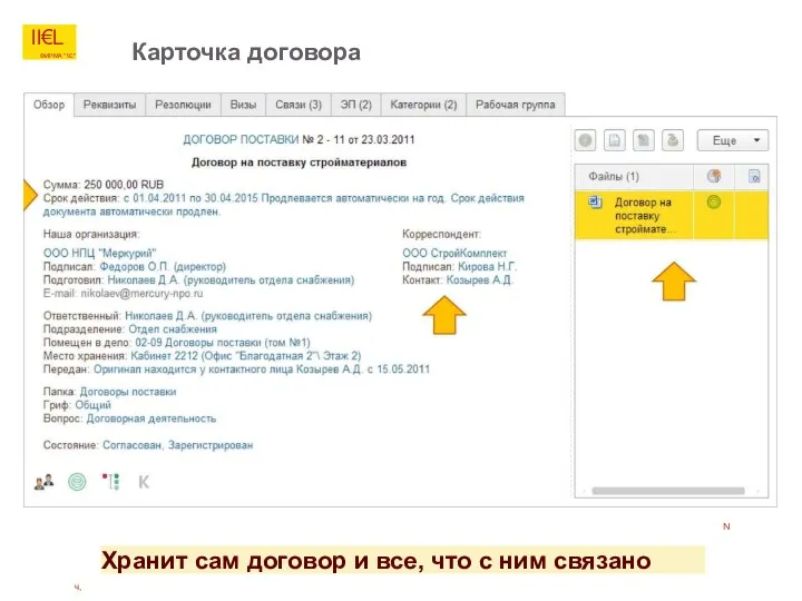 Карточка договора ll€L ФИРМА "1C" N ч, Хранит сам договор и все, что с ним связано