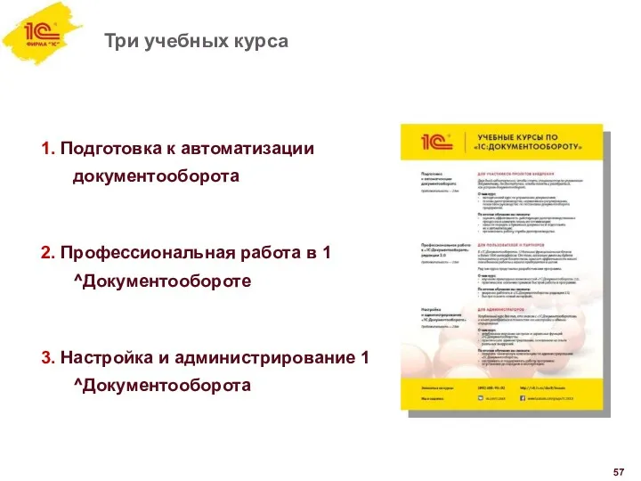 Три учебных курса 1. Подготовка к автоматизации документооборота 2. Профессиональная