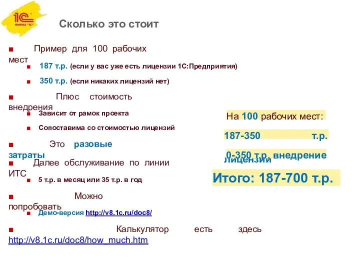 Сколько это стоит ■ Пример для 100 рабочих мест ■