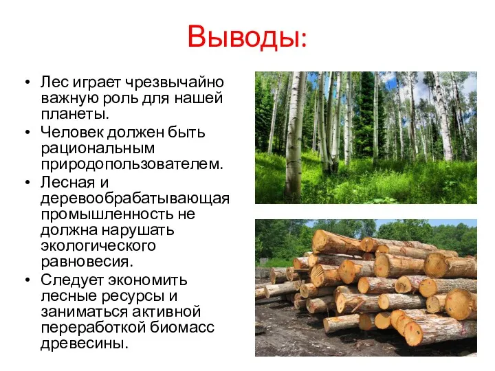 Выводы: Лес играет чрезвычайно важную роль для нашей планеты. Человек должен быть рациональным