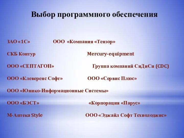 Выбор программного обеспечения ЗАО «1С» ООО «Компания «Тензор» СКБ Контур