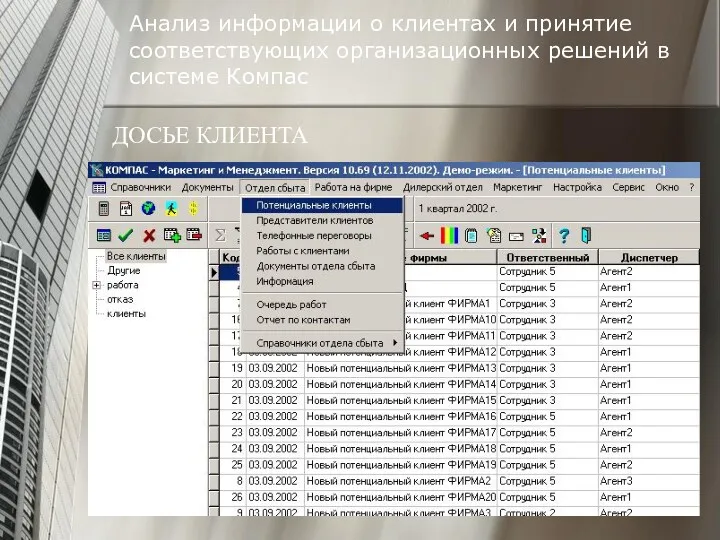 Анализ информации о клиентах и принятие соответствующих организационных решений в системе Компас ДОСЬЕ КЛИЕНТА