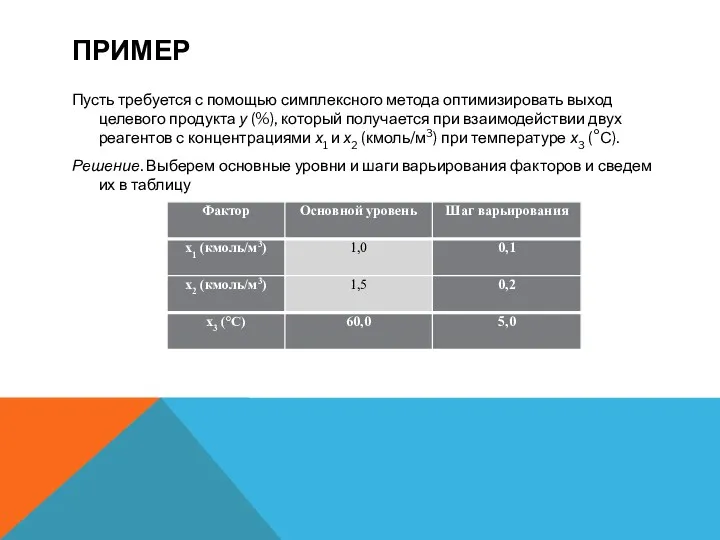 ПРИМЕР Пусть требуется с помощью симплексного метода оптимизировать выход целевого