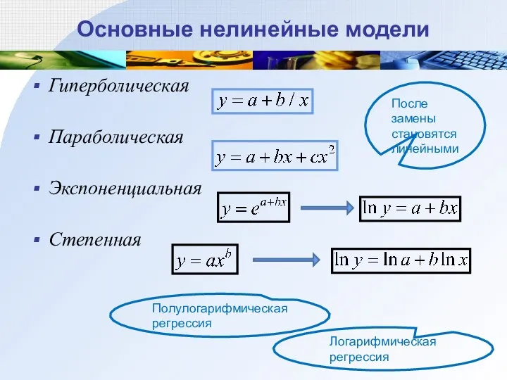 Основные нелинейные модели Гиперболическая Параболическая Экспоненциальная Степенная После замены становятся линейными Полулогарифмическая регрессия Логарифмическая регрессия