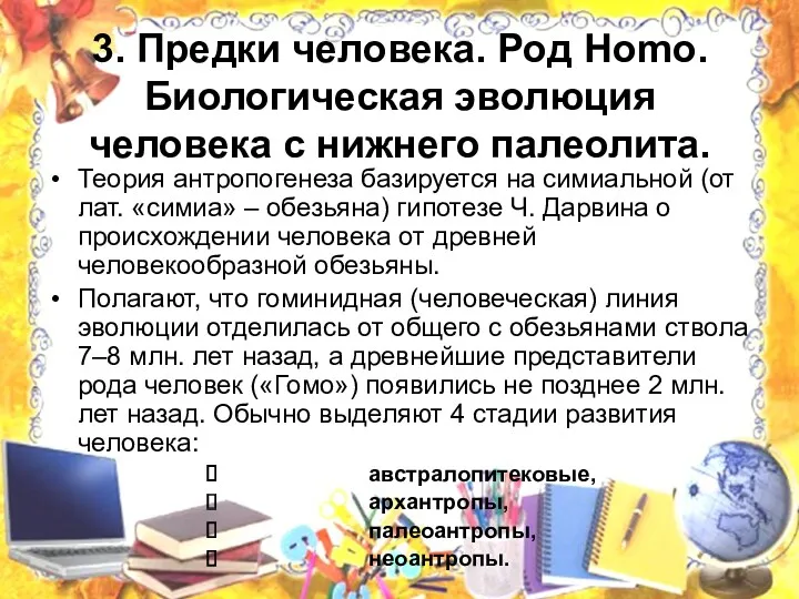 3. Предки человека. Род Homo. Биологическая эволюция человека с нижнего