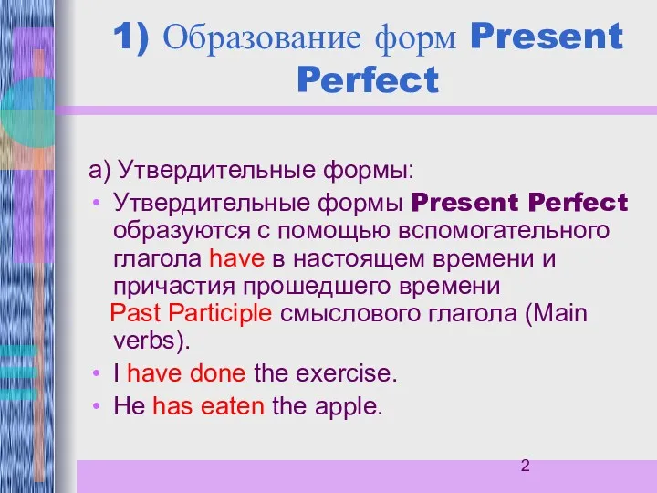 1) Образование форм Present Perfect а) Утвердительные формы: Утвердительные формы