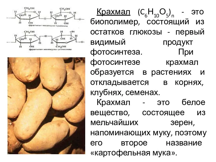 Крахмал (C6Н10О5)n - это биополимер, состоящий из остатков глюкозы -