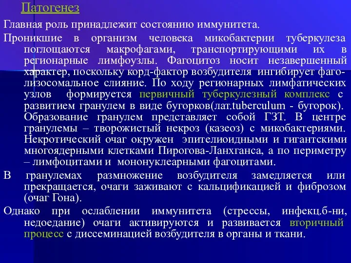 Патогенез Главная роль принадлежит состоянию иммунитета. Проникшие в организм человека