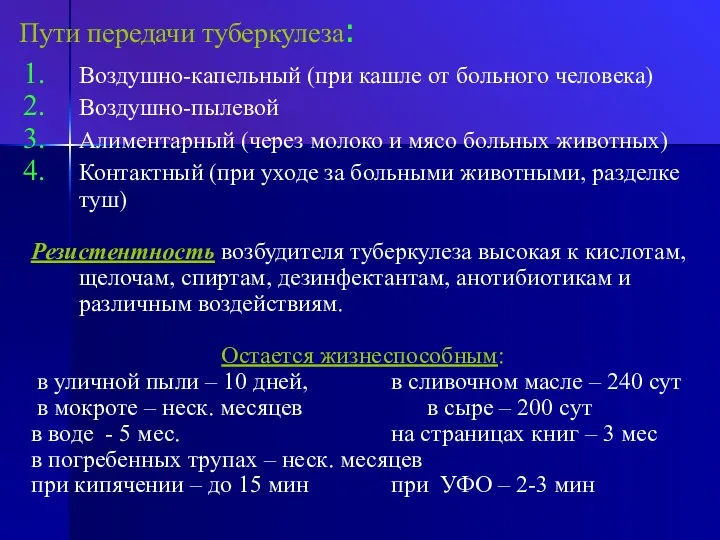 Пути передачи туберкулеза: Воздушно-капельный (при кашле от больного человека) Воздушно-пылевой