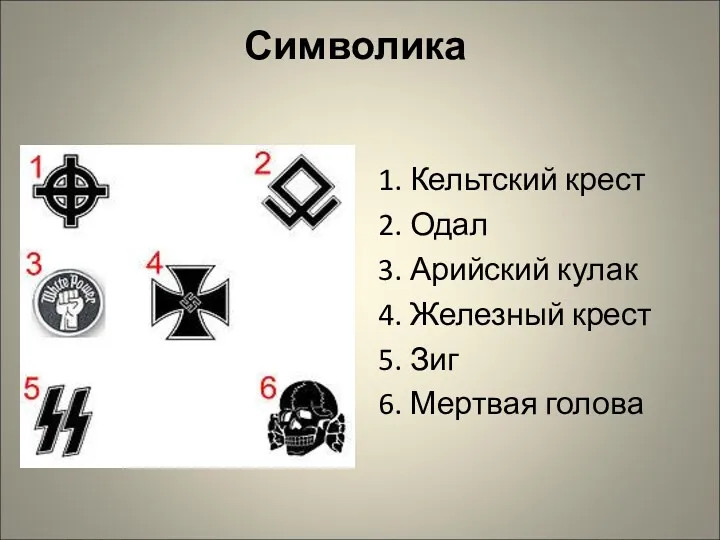 Символика 1. Кельтский крест 2. Одал 3. Арийский кулак 4.