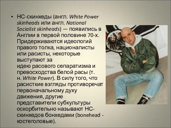 НС-скинхеды (англ. White Power skinheads или англ. National Socialist skinheads)