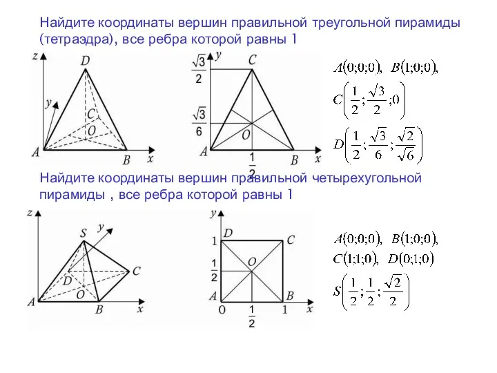 Найдите координаты вершин правильной треугольной пирамиды (тетраэдра), все ребра которой