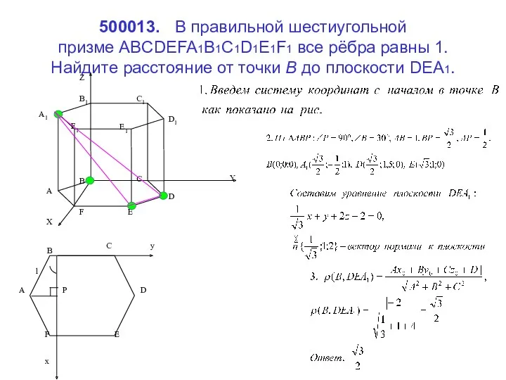 500013. В правильной шестиугольной призме ABCDEFA1B1C1D1E1F1 все рёбра равны 1.