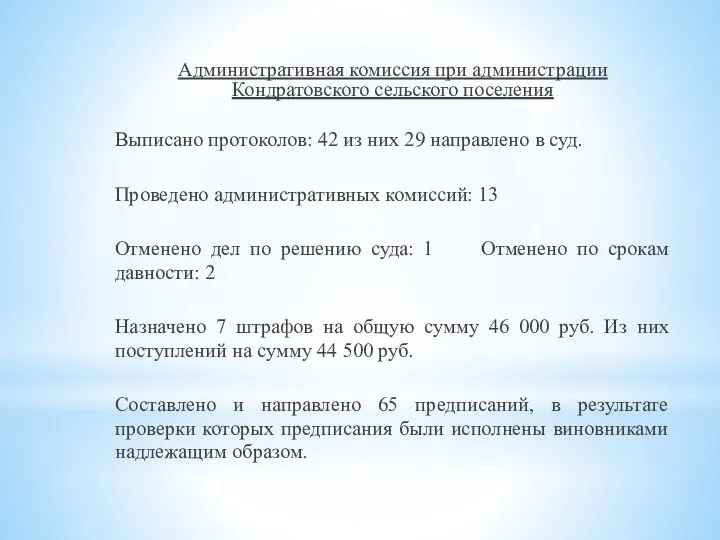 Административная комиссия при администрации Кондратовского сельского поселения Выписано протоколов: 42