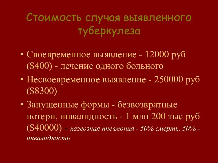 Стоимость случая выявленного туберкулеза Своевременное выявление - 12000 руб ($400)