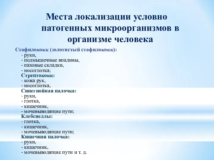 Места локализации условно патогенных микроорганизмов в организме человека Стафилококк (золотистый