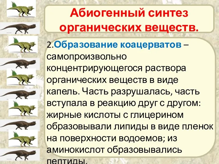 Абиогенный синтез органических веществ. 2.Образование коацерватов – самопроизвольно концентрирующегося раствора