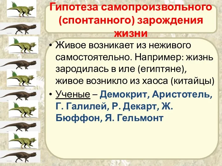 Гипотеза самопроизвольного (спонтанного) зарождения жизни Живое возникает из неживого самостоятельно.