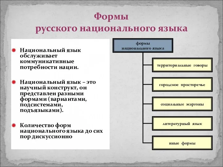 Формы русского национального языка Национальный язык обслуживает коммуникативные потребности нации.