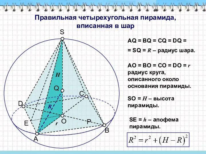 Правильная четырехугольная пирамида, вписанная в шар AQ = BQ =