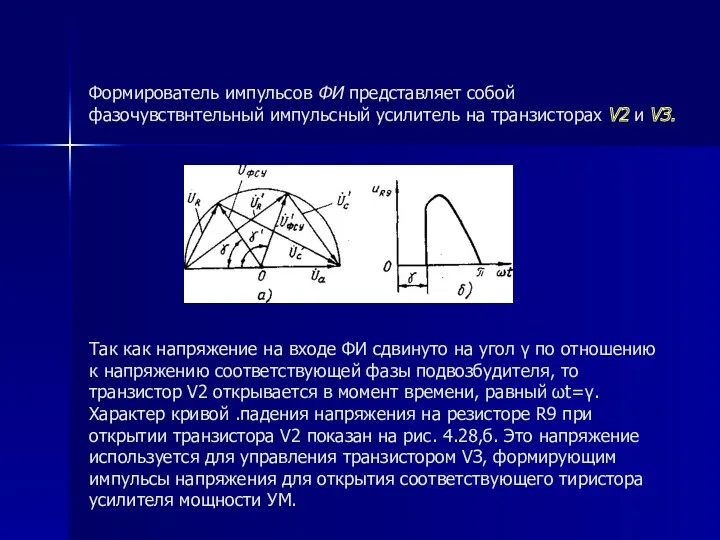 Формирователь импульсов ФИ представляет собой фазочувствнтельный импульсный усилитель на транзисторах