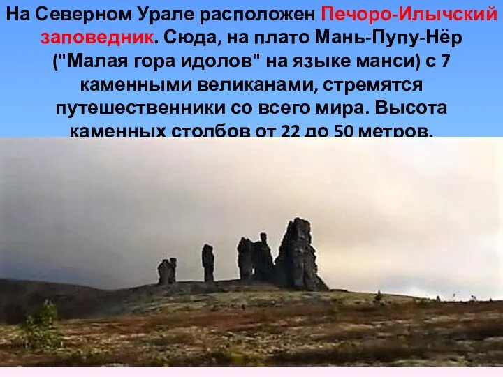 На Северном Урале расположен Печоро-Илычский заповедник. Сюда, на плато Мань-Пупу-Нёр
