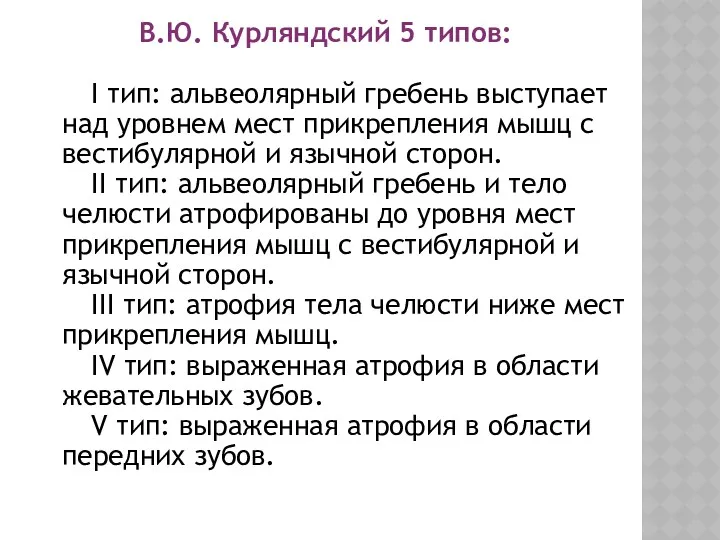 В.Ю. Курляндский 5 типов: I тип: альвеолярный гребень выступает над