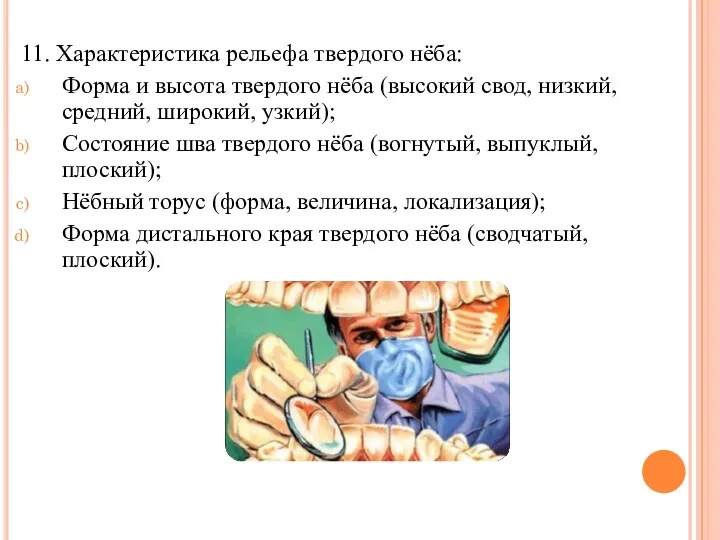 11. Характеристика рельефа твердого нёба: Форма и высота твердого нёба