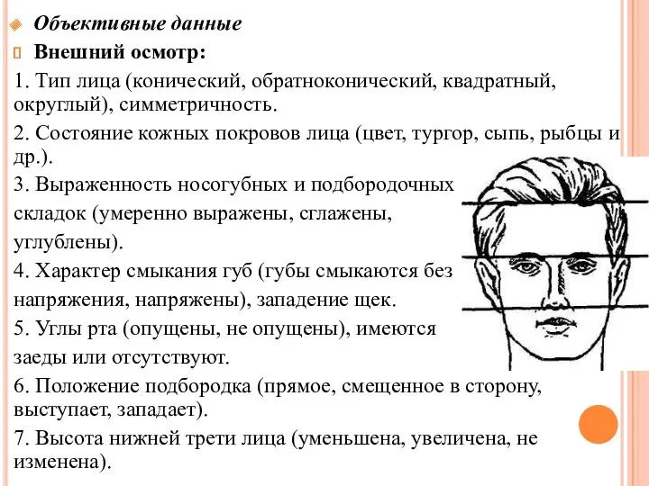 Объективные данные Внешний осмотр: 1. Тип лица (конический, обратноконический, квадратный,