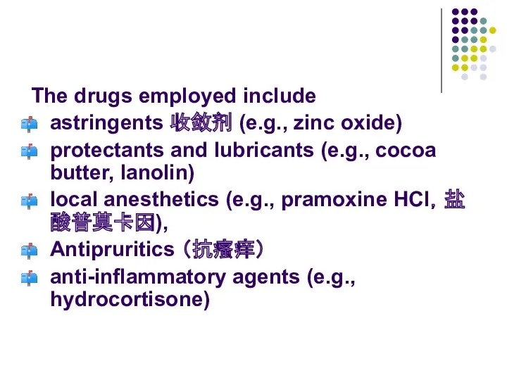 The drugs employed include astringents 收敛剂 (e.g., zinc oxide) protectants