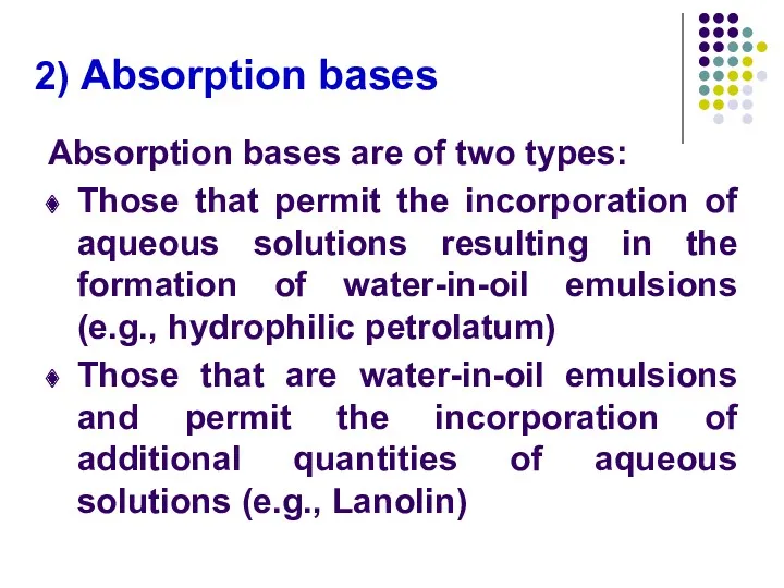 2) Absorption bases Absorption bases are of two types: Those