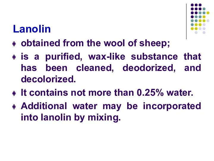 Lanolin obtained from the wool of sheep; is a purified,