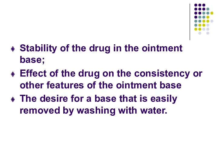 Stability of the drug in the ointment base; Effect of