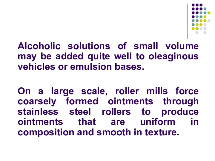 Alcoholic solutions of small volume may be added quite well