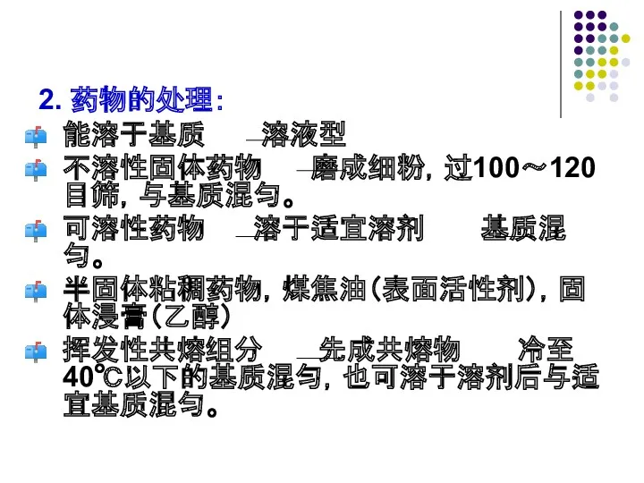 2. 药物的处理： 能溶于基质 溶液型 不溶性固体药物 磨成细粉，过100～120目筛，与基质混匀。 可溶性药物 溶于适宜溶剂 基质混匀。 半固体粘稠药物，煤焦油（表面活性剂），固体浸膏（乙醇） 挥发性共熔组分 先成共熔物 冷至40℃以下的基质混匀，也可溶于溶剂后与适宜基质混匀。