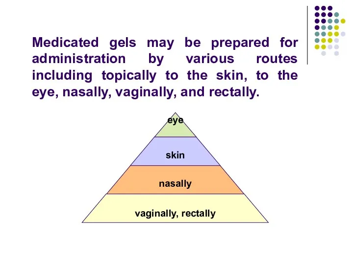 Medicated gels may be prepared for administration by various routes