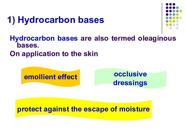 Hydrocarbon bases are also termed oleaginous bases. On application to