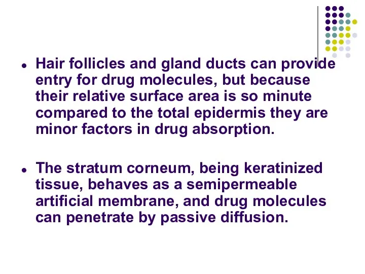 Hair follicles and gland ducts can provide entry for drug