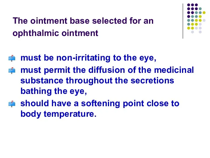 The ointment base selected for an ophthalmic ointment must be