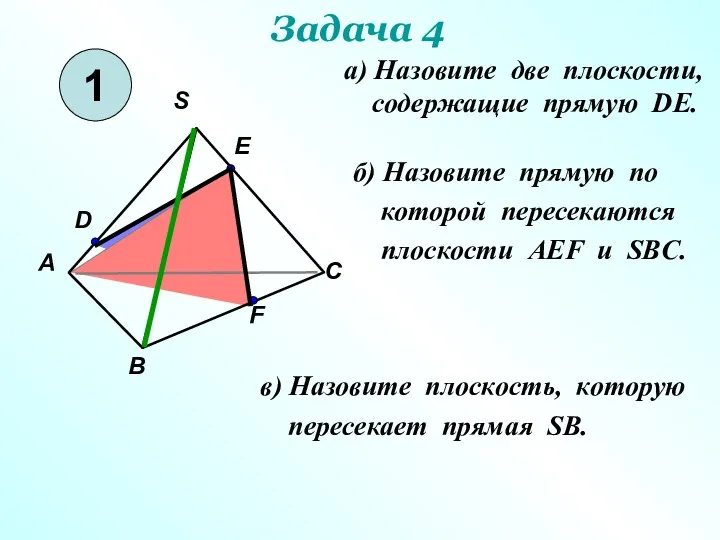 а) Назовите две плоскости, содержащие прямую DE. б) Назовите прямую
