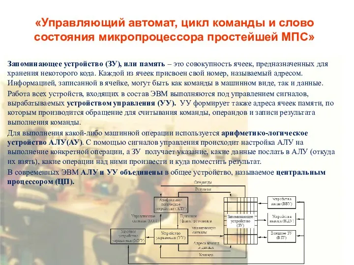 «Управляющий автомат, цикл команды и слово состояния микропроцессора простейшей МПС»