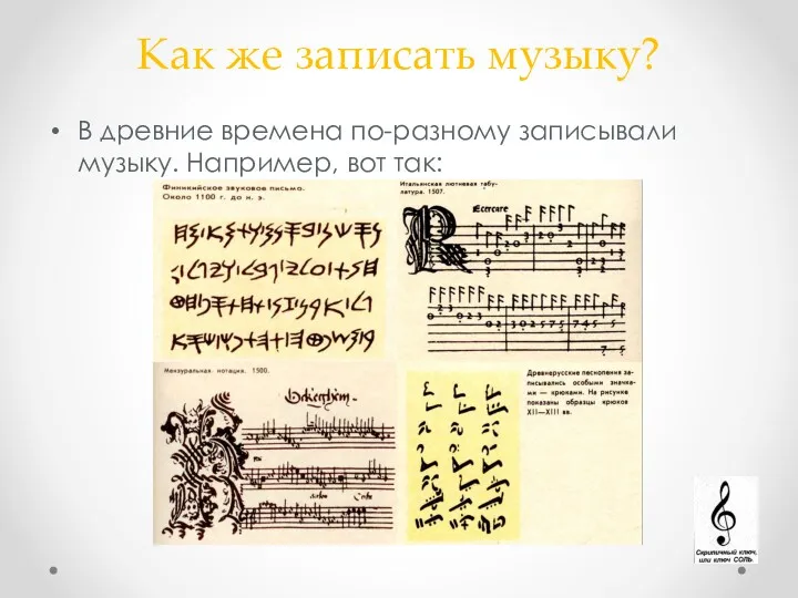 В древние времена по-разному записывали музыку. Например, вот так: Как же записать музыку?