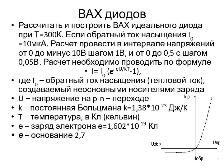 ВАХ диодов Рассчитать и построить ВАХ идеального диода при Т=300К.