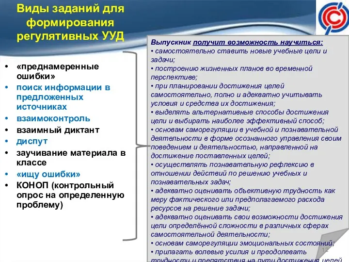 Виды заданий для формирования регулятивных УУД «преднамеренные ошибки» поиск информации