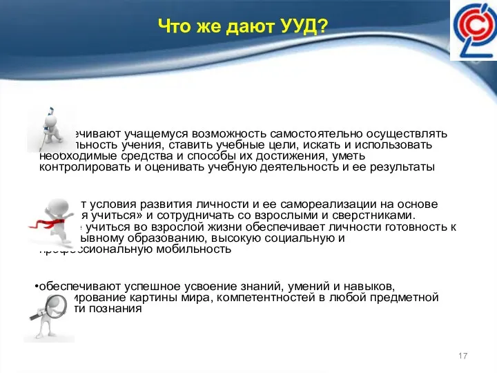 Что же дают УУД? обеспечивают учащемуся возможность самостоятельно осуществлять деятельность