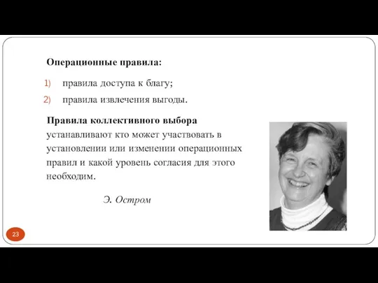 Операционные правила: правила доступа к благу; правила извлечения выгоды. Правила