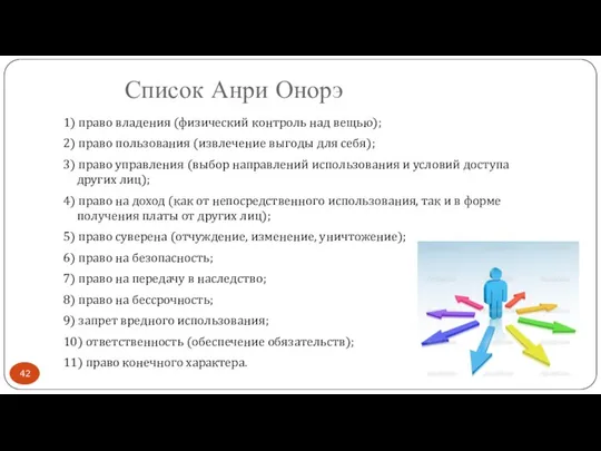 Список Анри Онорэ 1) право владения (физический контроль над вещью);