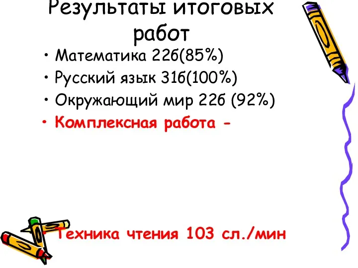 Результаты итоговых работ Математика 22б(85%) Русский язык 31б(100%) Окружающий мир